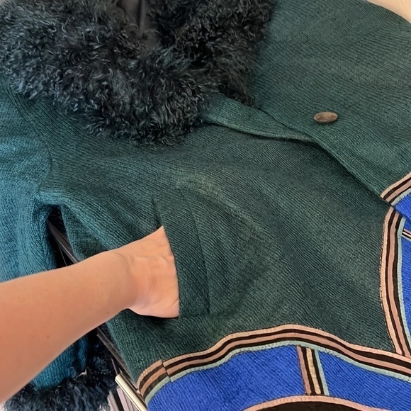 Penny Lane handpainted boho coat, mohair & leather mongolian fur shaggy collar,L - Picture 11 of 15